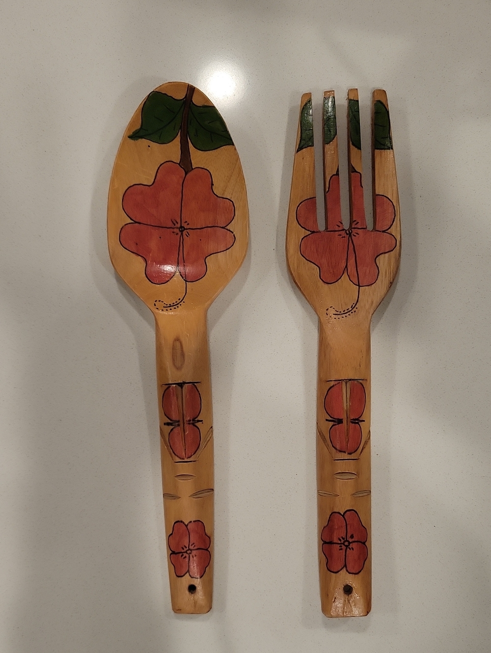 Hand-Painted Red Floral Bamboo Salad Server Set